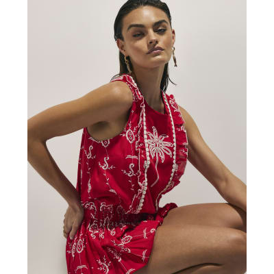 Red Tropical Print Embroidered Playsuit