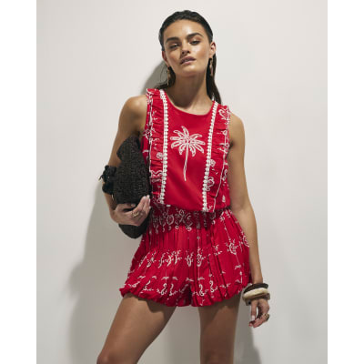 Red Tropical Print Embroidered Playsuit