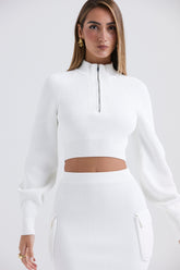 White balloon sleeve ribbed sweater