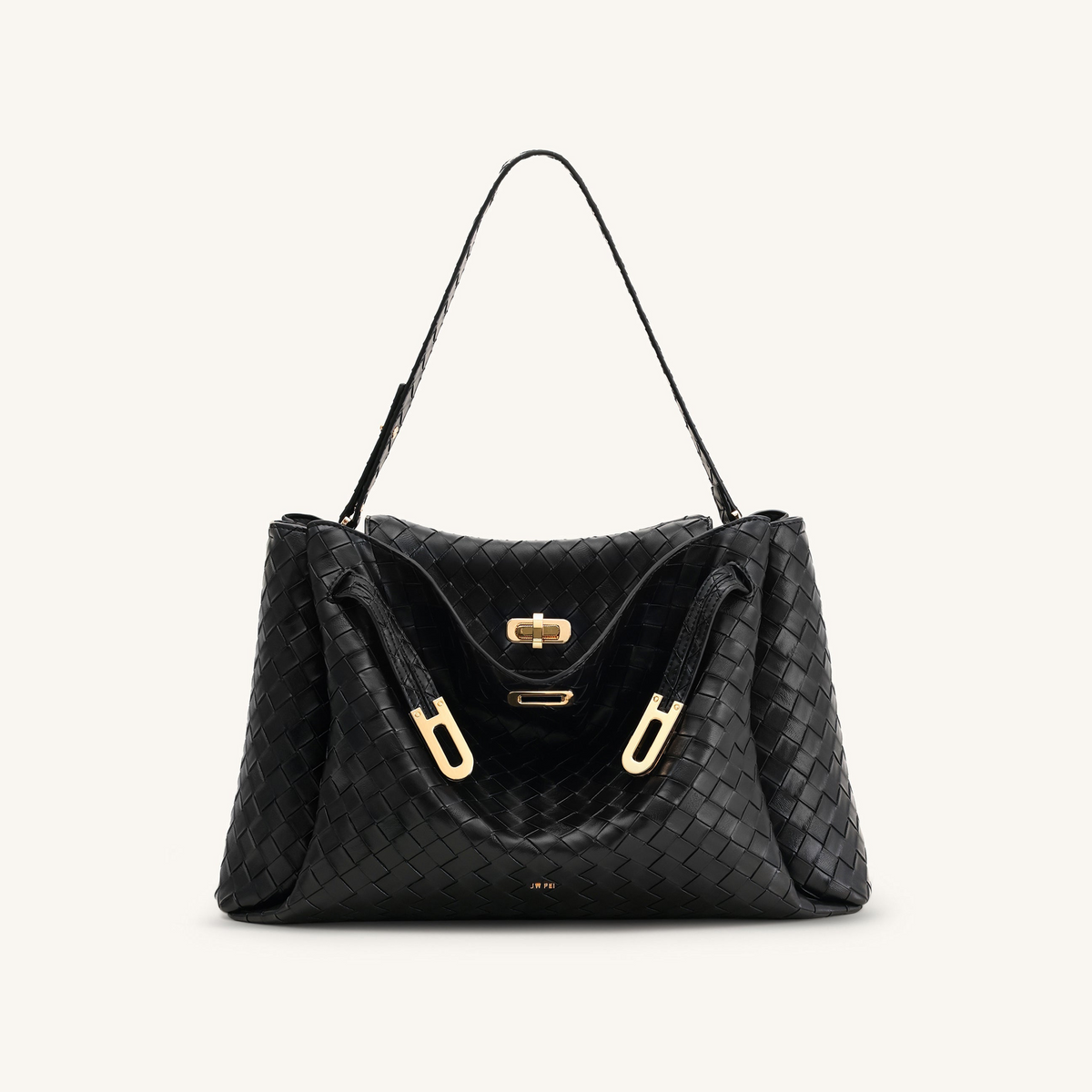 Rhea Large Woven Textured Shoulder Bag - Black