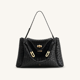 Rhea Large Woven Textured Shoulder Bag - Black