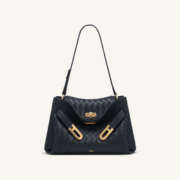 Rhea Woven Texture Double Buckle Shoulder Bag - Navy Blue