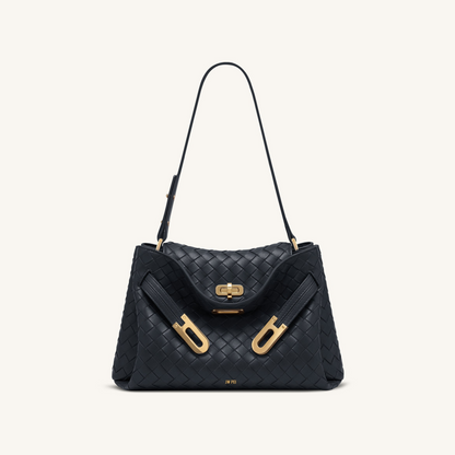 Rhea Woven Texture Double Buckle Shoulder Bag - Navy Blue