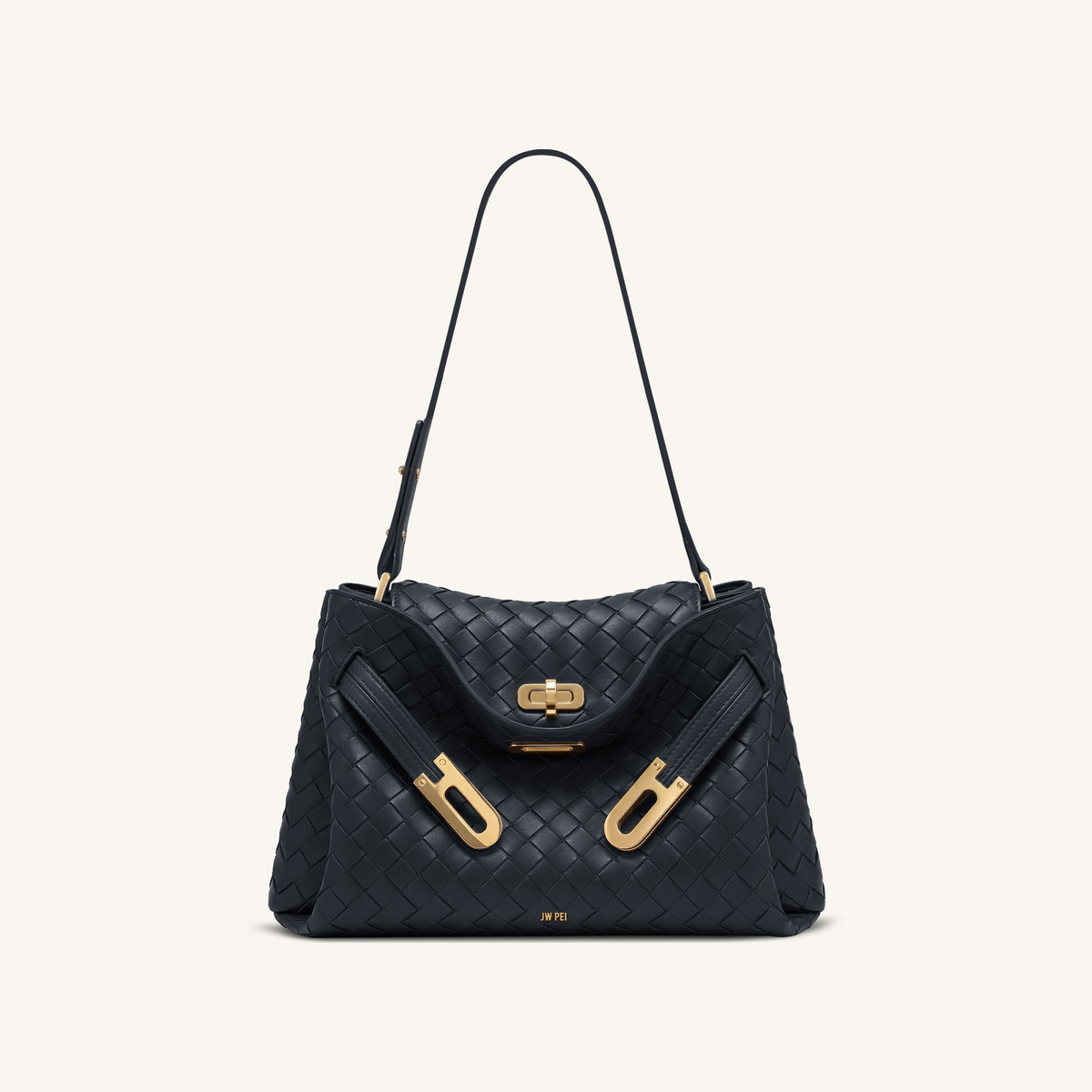 Rhea Woven Texture Double Buckle Shoulder Bag - Navy Blue