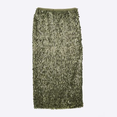 RI Studio Green Sequin Column Midi Skirt