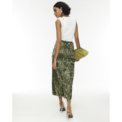 RI Studio Green Sequin Column Midi Skirt