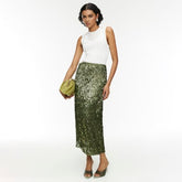 RI Studio Green Sequin Column Midi Skirt