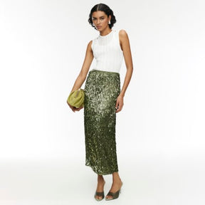 RI Studio Green Sequin Column Midi Skirt