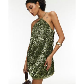 RI Studio Green Sequin Halter Neck Mini Dress