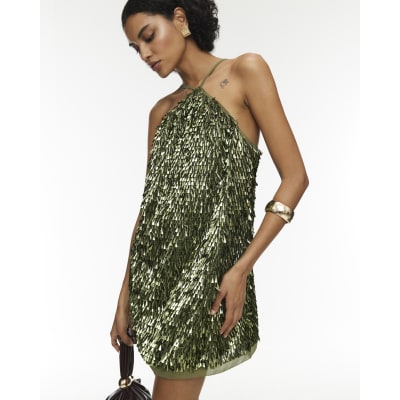 RI Studio Green Sequin Halter Neck Mini Dress
