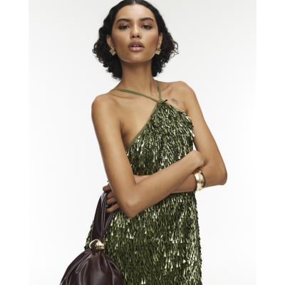 RI Studio Green Sequin Halter Neck Mini Dress