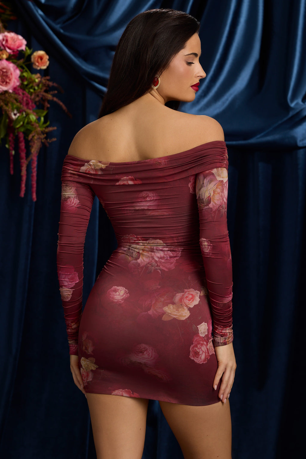 Off-Shoulder Ruched Bodycon Mini Dress in Maroon Floral Print