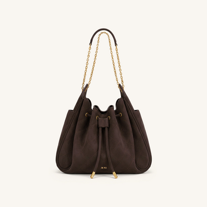 Rowan Faux Suede Quilted Chain Bucket Bag - Dark Brown
