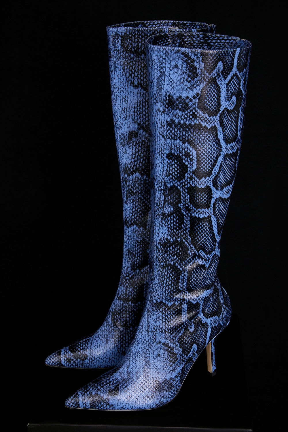 Blue print leather knee high boots