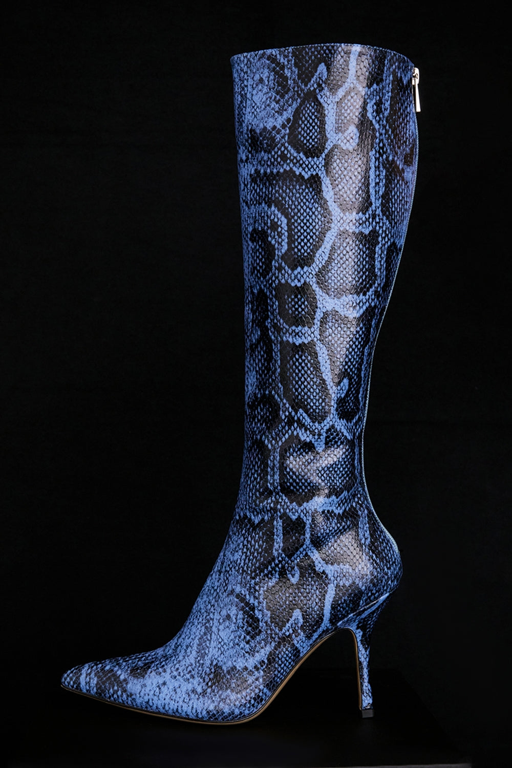 Blue print leather knee high boots