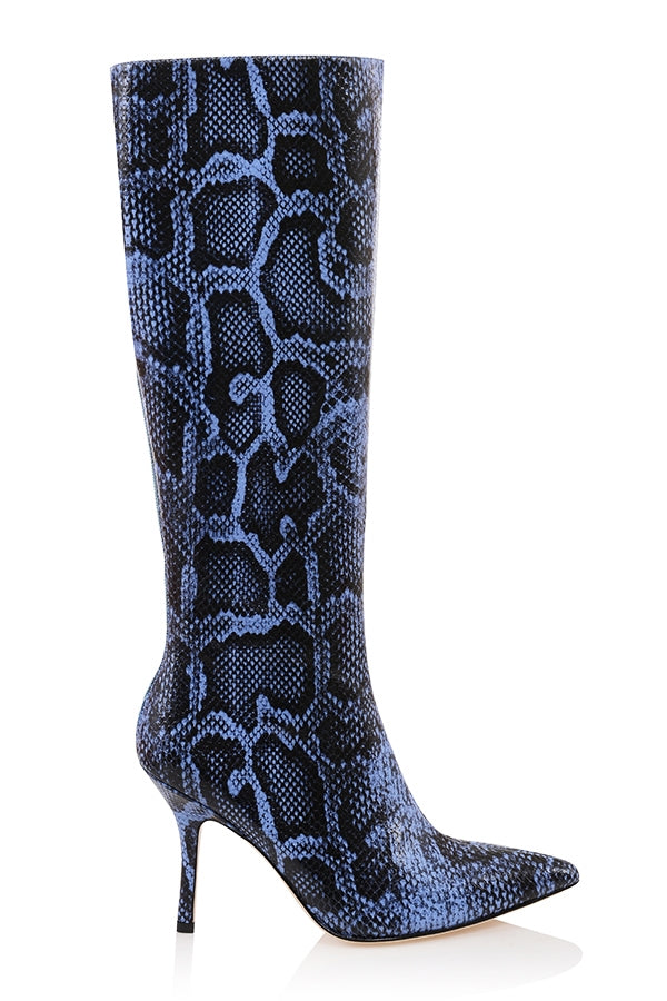 Blue print leather knee high boots