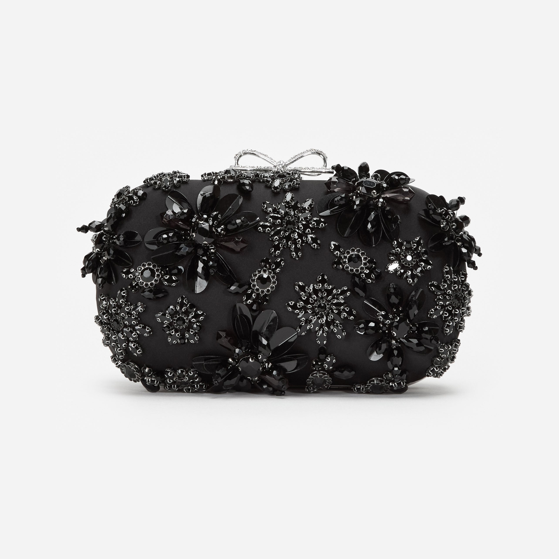 Black Satin Floral Crystal Clutch Bag