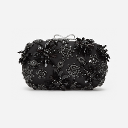 Black Satin Floral Crystal Clutch Bag
