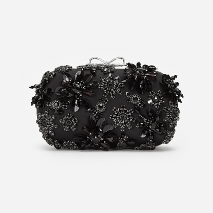 Black Satin Floral Crystal Clutch Bag