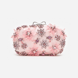 Pink Satin Floral Crystal Clutch