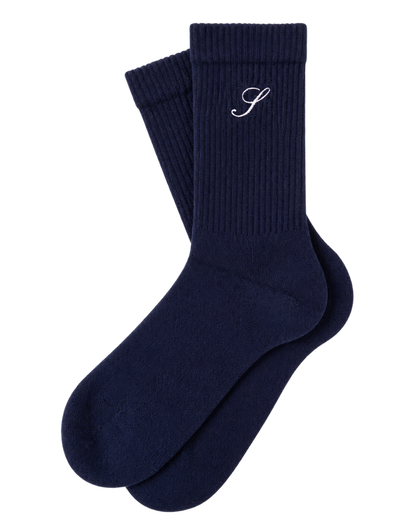 S Logo Wide Rib Cotton Socks - Dark Navy
