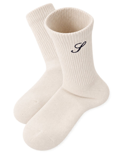 S Logo Wide Rib Cotton Socks - Ecru