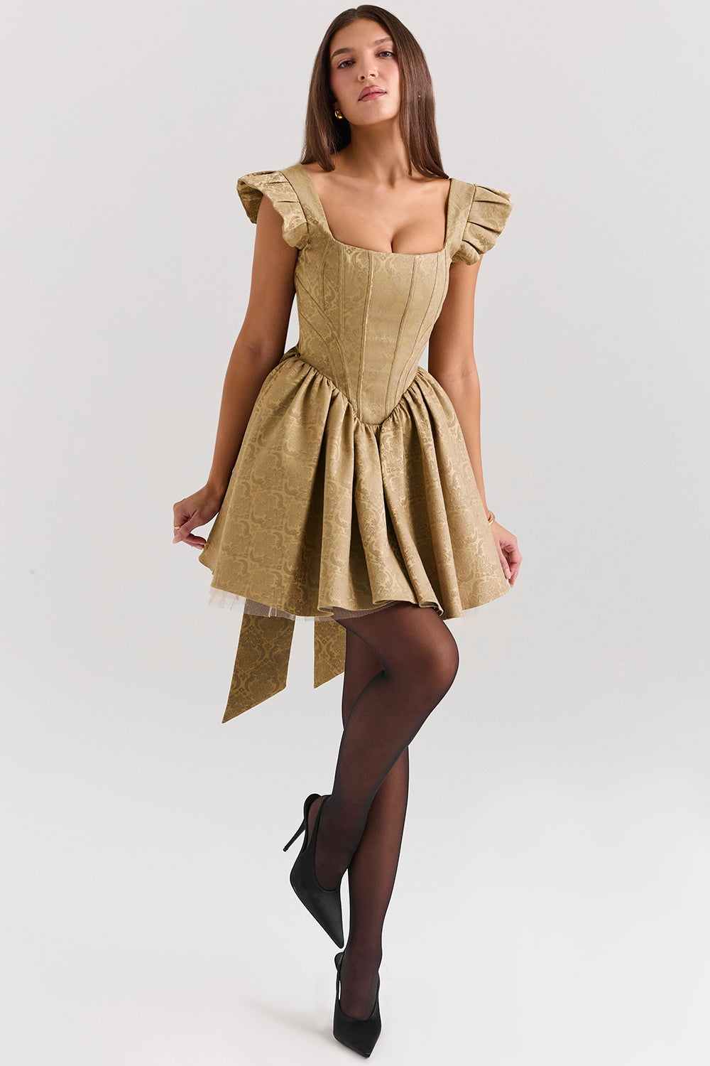 Gold jacquard mini dress