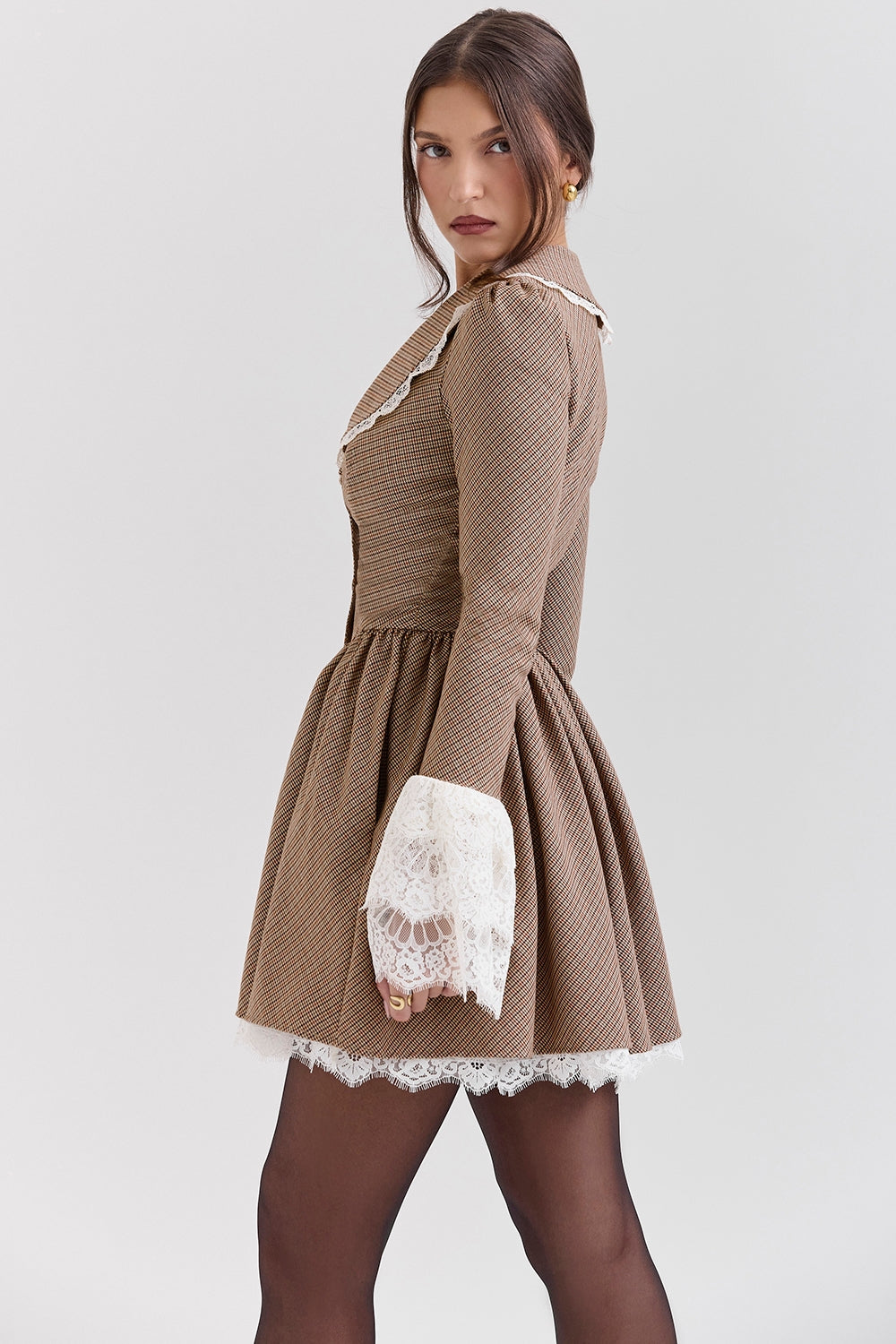 Brown puppytooth check mini dress