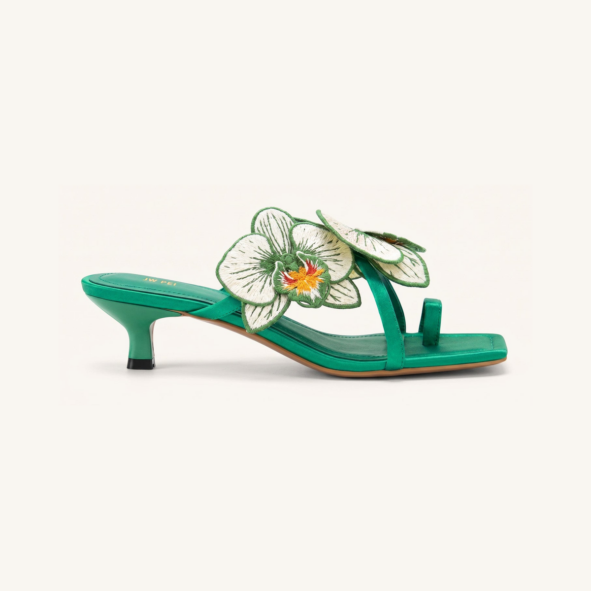 Serena Orchid Embroidered Toe Ring Heeled Sandals - Emerald Green