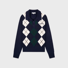 Serif Logo Argyle Cashmere Polo - Navy/Forest/Ecru