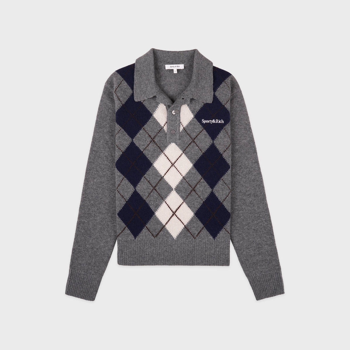 Serif Logo Argyle Cashmere Polo - Gray/Navy/Ecru