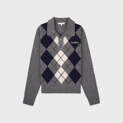 Serif Logo Argyle Cashmere Polo - Gray/Navy/Ecru