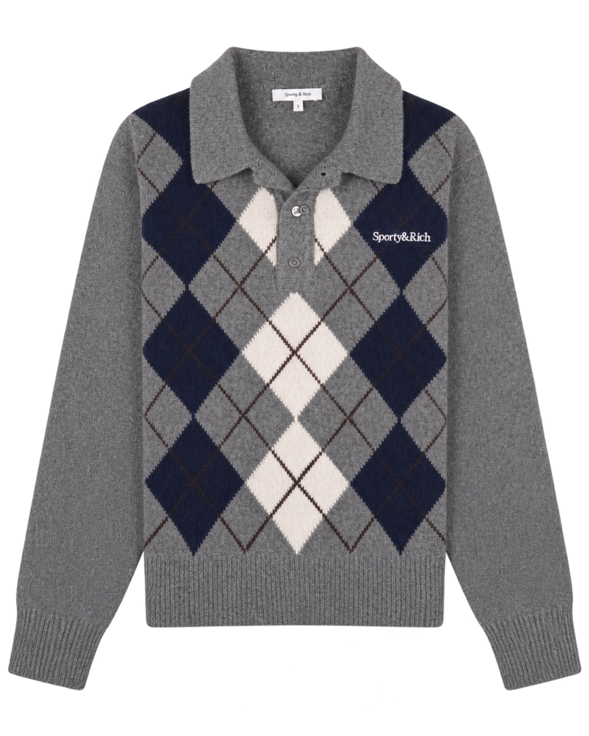 Serif Logo Argyle Cashmere Polo - Gray/Navy/Ecru