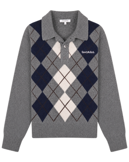 Serif Logo Argyle Cashmere Polo - Gray/Navy/Ecru