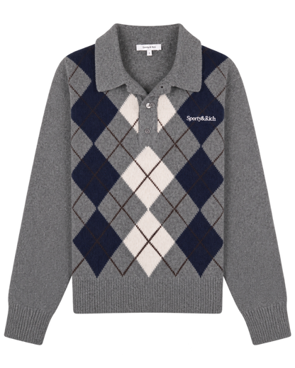 Serif Logo Argyle Cashmere Polo - Gray/Navy/Ecru