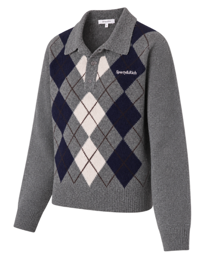 Serif Logo Argyle Cashmere Polo - Gray/Navy/Ecru