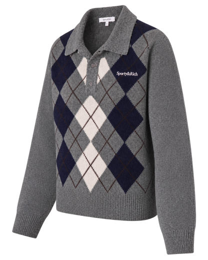 Serif Logo Argyle Cashmere Polo - Gray/Navy/Ecru
