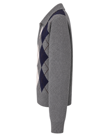 Serif Logo Argyle Cashmere Polo - Gray/Navy/Ecru