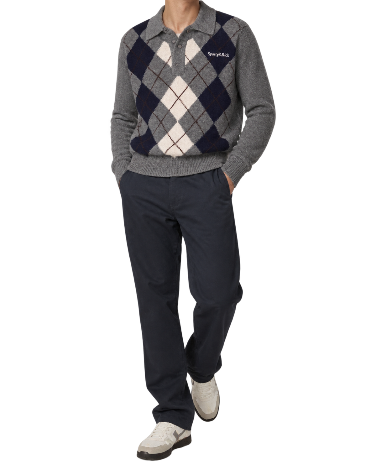 Serif Logo Argyle Cashmere Polo - Gray/Navy/Ecru