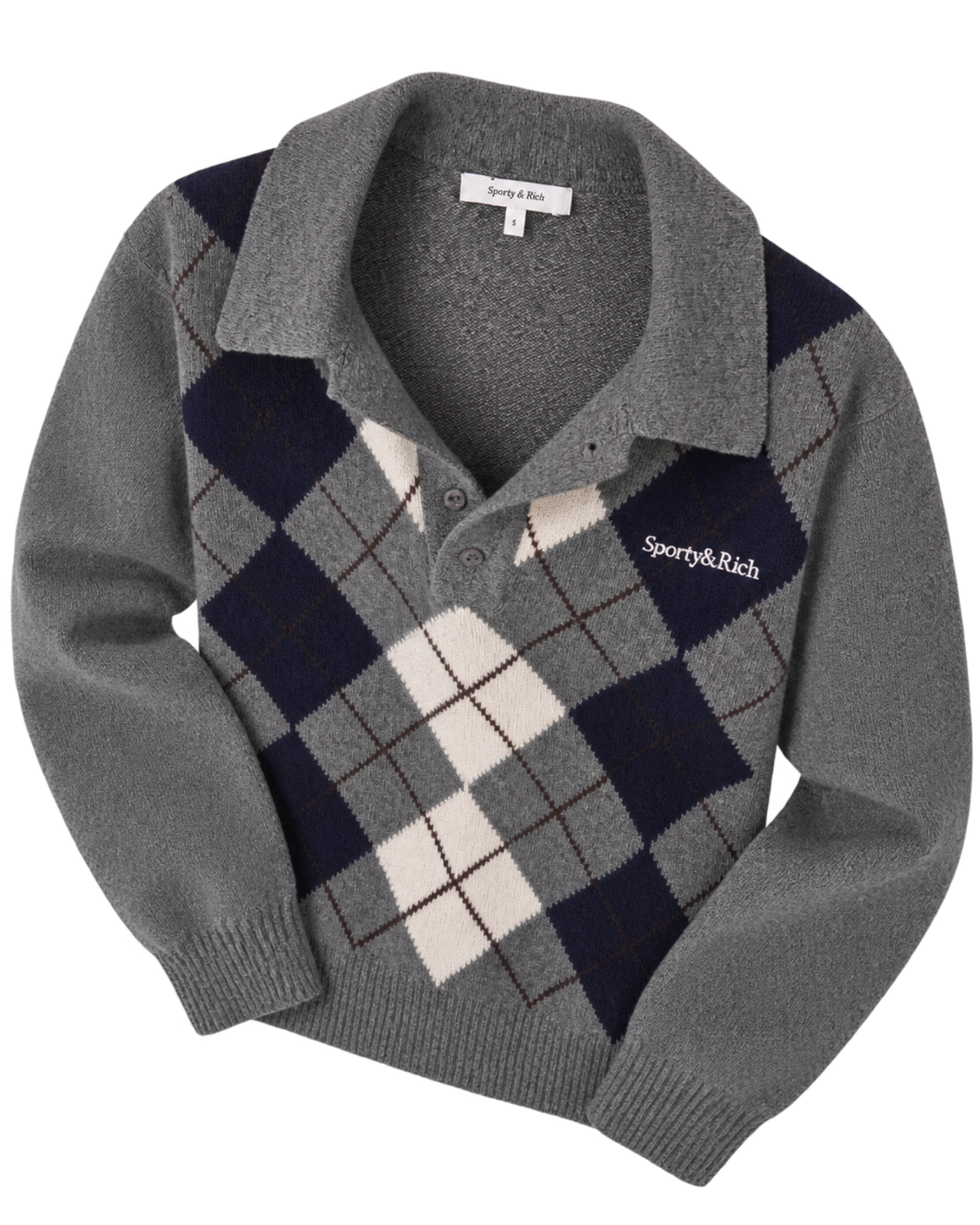 Serif Logo Argyle Cashmere Polo - Gray/Navy/Ecru