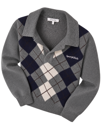 Serif Logo Argyle Cashmere Polo - Gray/Navy/Ecru