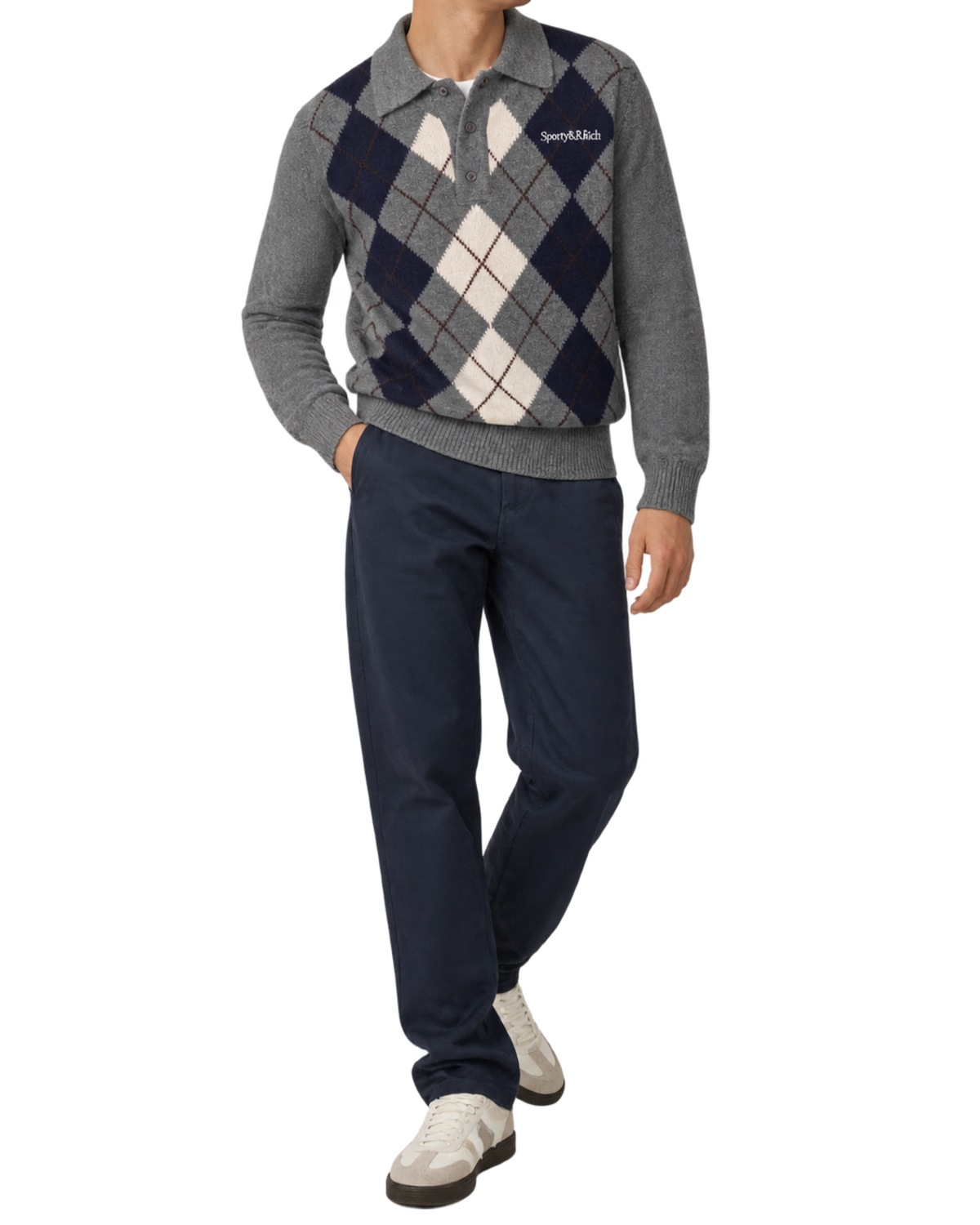 Serif Logo Argyle Cashmere Polo - Gray/Navy/Ecru
