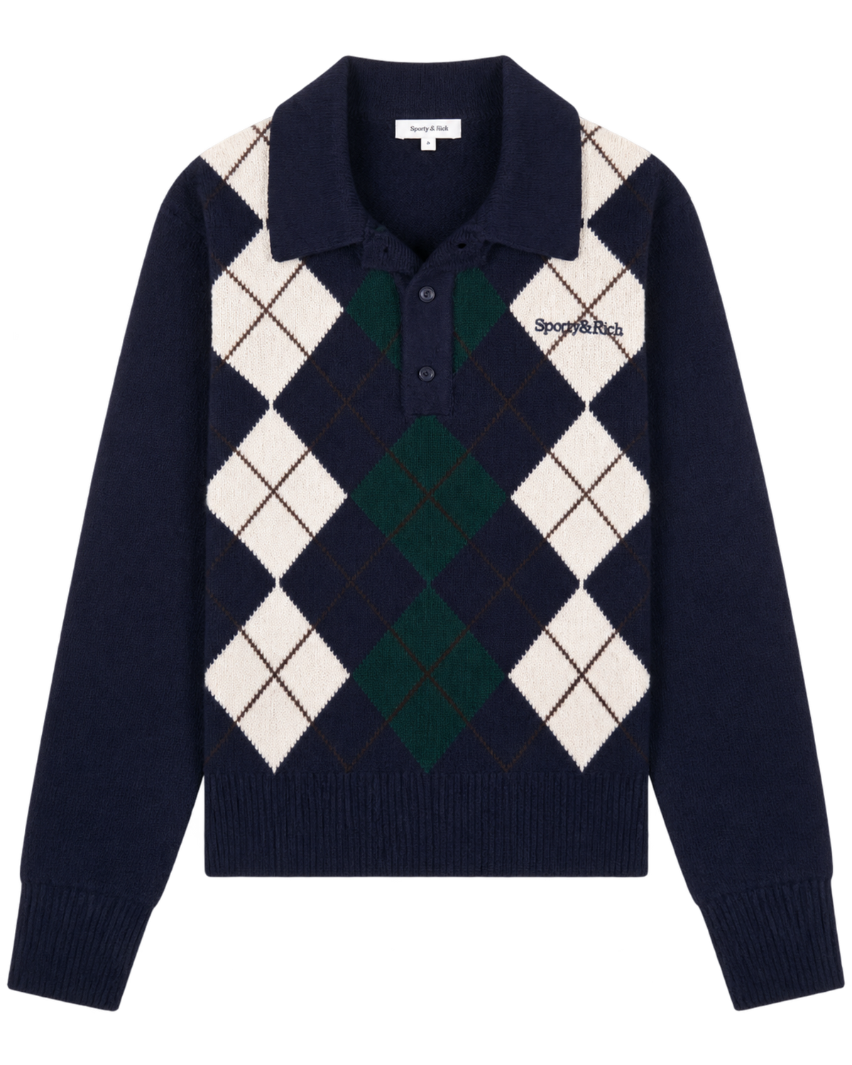 Serif Logo Argyle Cashmere Polo - Navy/Forest/Ecru