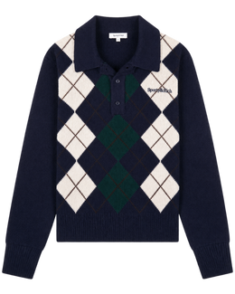 Serif Logo Argyle Cashmere Polo - Navy/Forest/Ecru