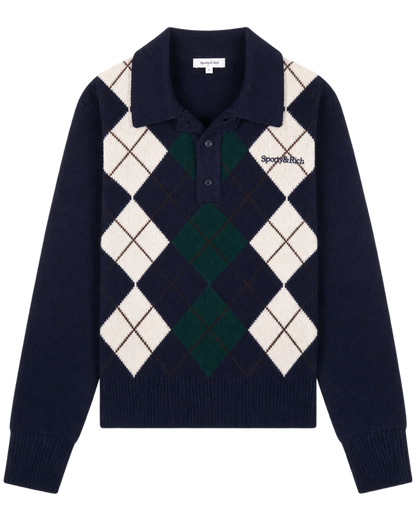 Serif Logo Argyle Cashmere Polo - Navy/Forest/Ecru