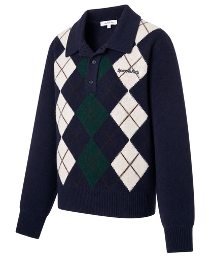Serif Logo Argyle Cashmere Polo - Navy/Forest/Ecru