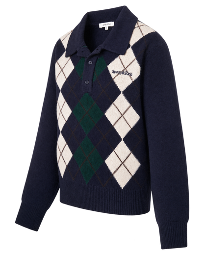 Serif Logo Argyle Cashmere Polo - Navy/Forest/Ecru