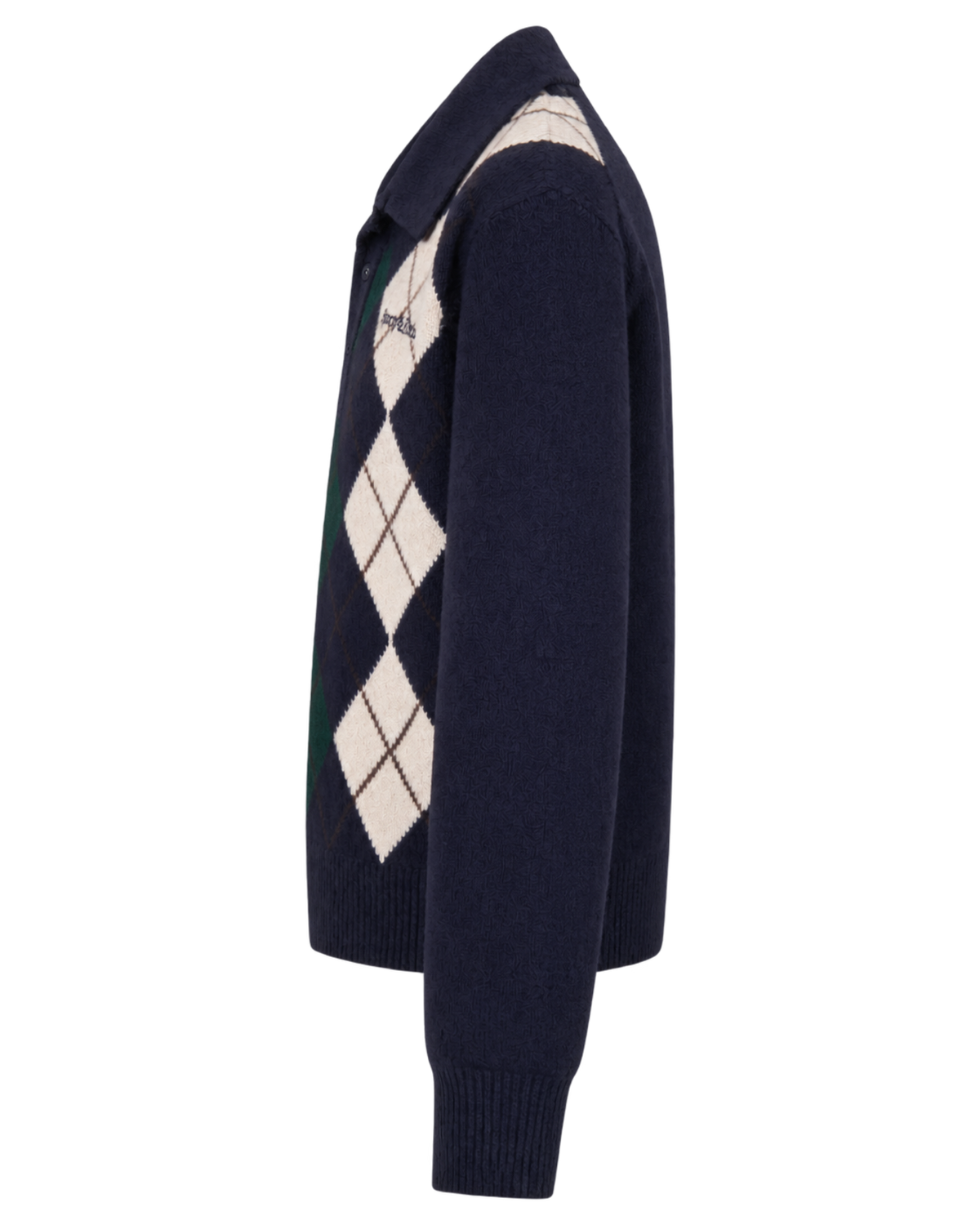 Serif Logo Argyle Cashmere Polo - Navy/Forest/Ecru