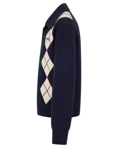 Serif Logo Argyle Cashmere Polo - Navy/Forest/Ecru