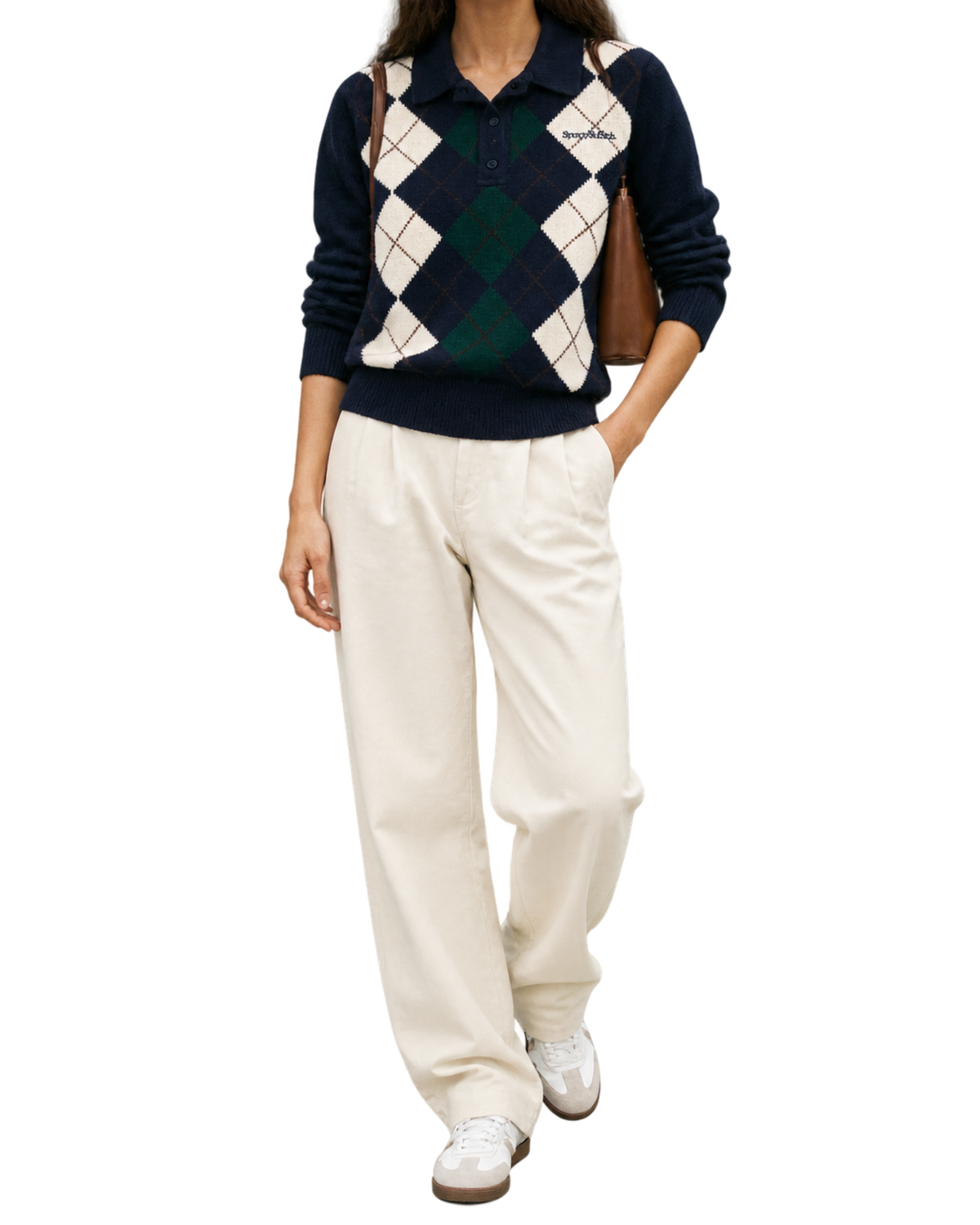 Serif Logo Argyle Cashmere Polo - Navy/Forest/Ecru